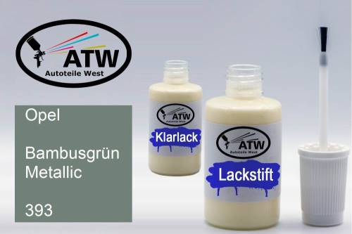 Opel, Bambusgrün Metallic, 393: 20ml Lackstift + 20ml Klarlack - Set, von ATW Autoteile West.